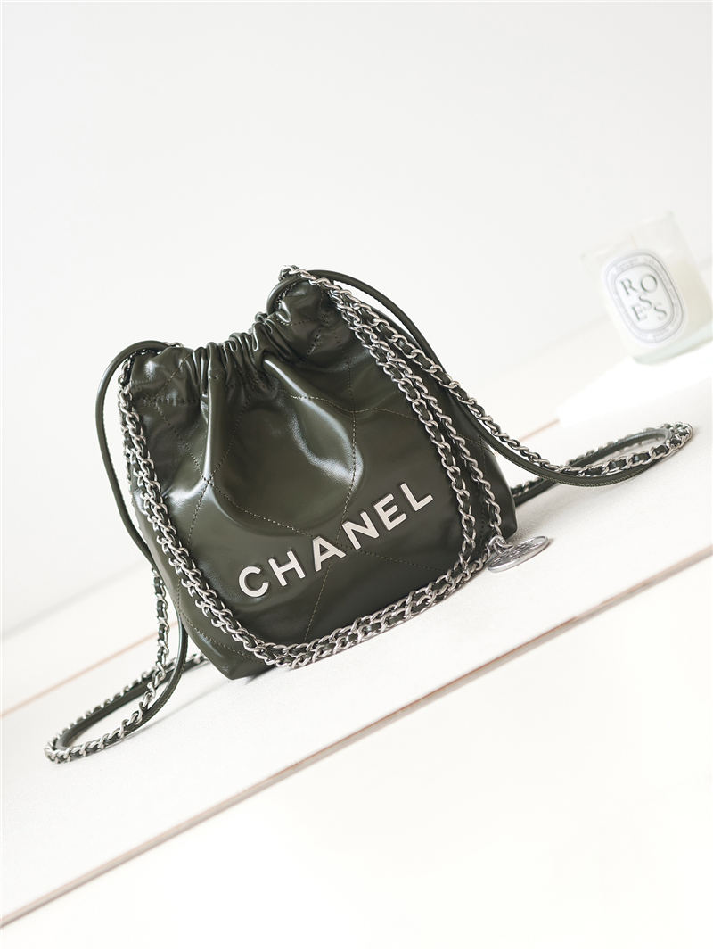 Chanel 22 MINI HANDBAG Shiny Calfskin Olive & Silver-Tone Metal AS3980 A