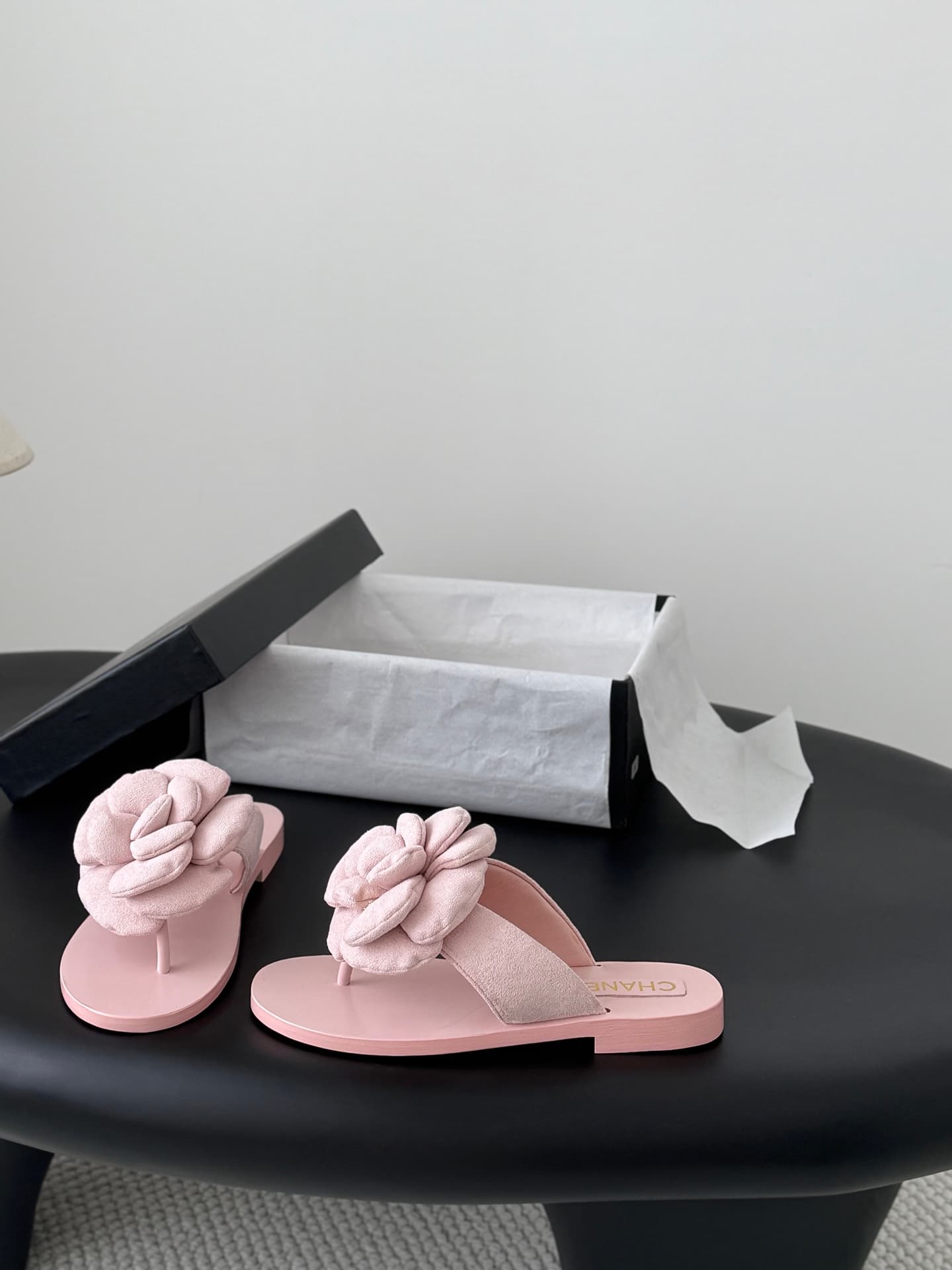 Chanel Camellia suede thong sandals