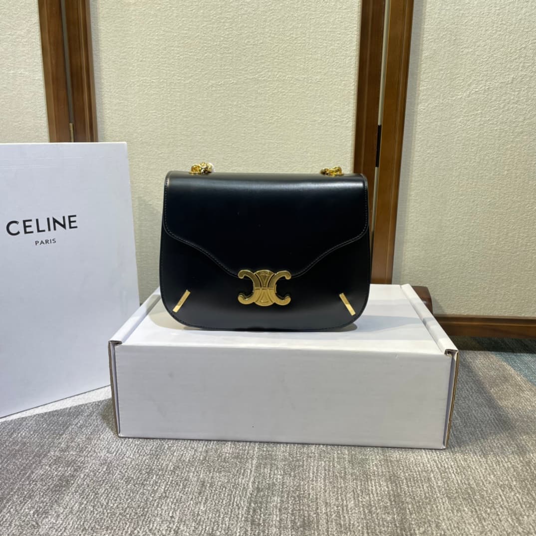 Celine Triomphe Saddle Bag in Black Shiny Calfskin High