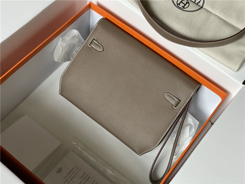 Hermes Kelly Depeches 25 Pouch Epsom Leather Gri Elephant WAX High