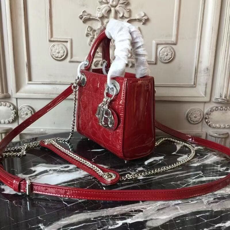 MINI LADY Dior BAG Patent Cannage Calfskin Silver Metal Red High