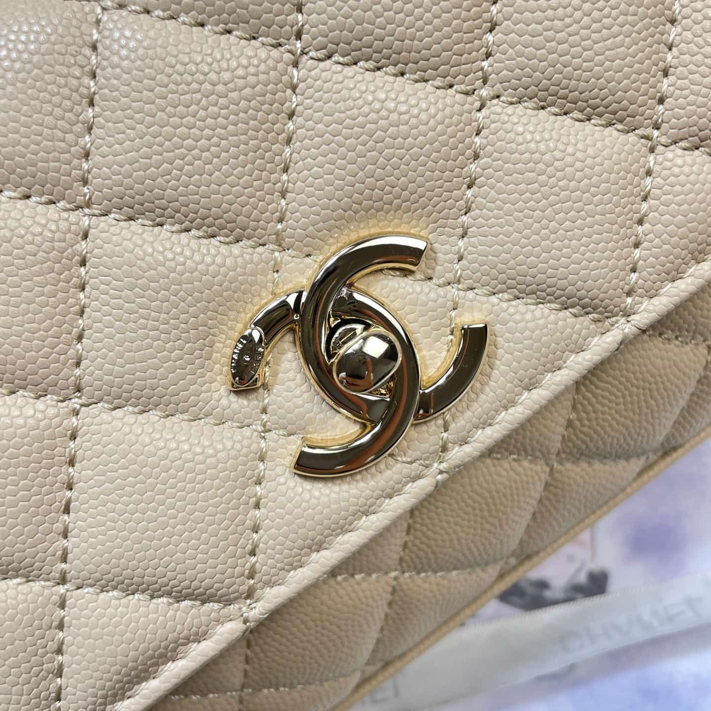 Chanel Maxi Flap Bag with Top Handle Grained Calfskin& Gold-Tone Metal AS6091 Beige A