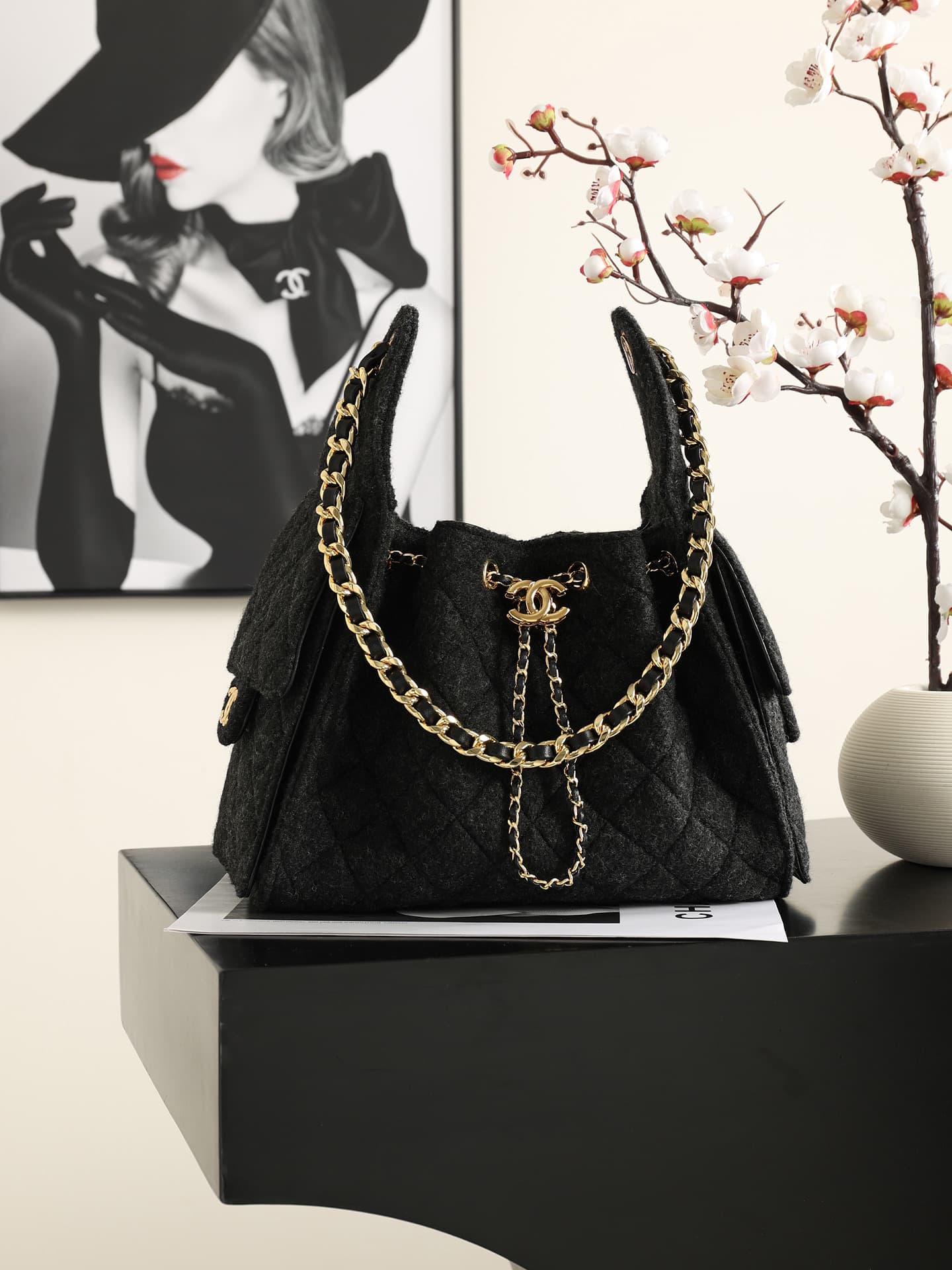 Chanel 25 Small Hobo handbag AS5293 Felt & Gold-Tone Metal Black A