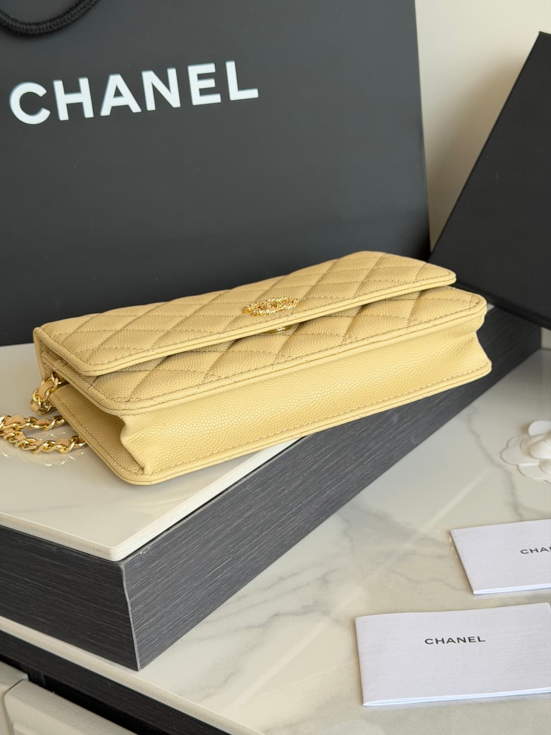 Chanel Wallet on Chain Shiny Grained Calfskin Strass & Gold-Tone Metal Yellow AP5073 High