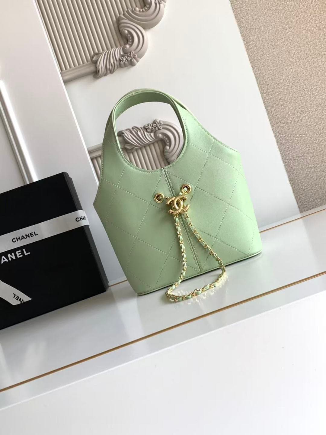 Chanel Small Shopping Bag Green Leather & Gold-Tone Metal AS6132 A