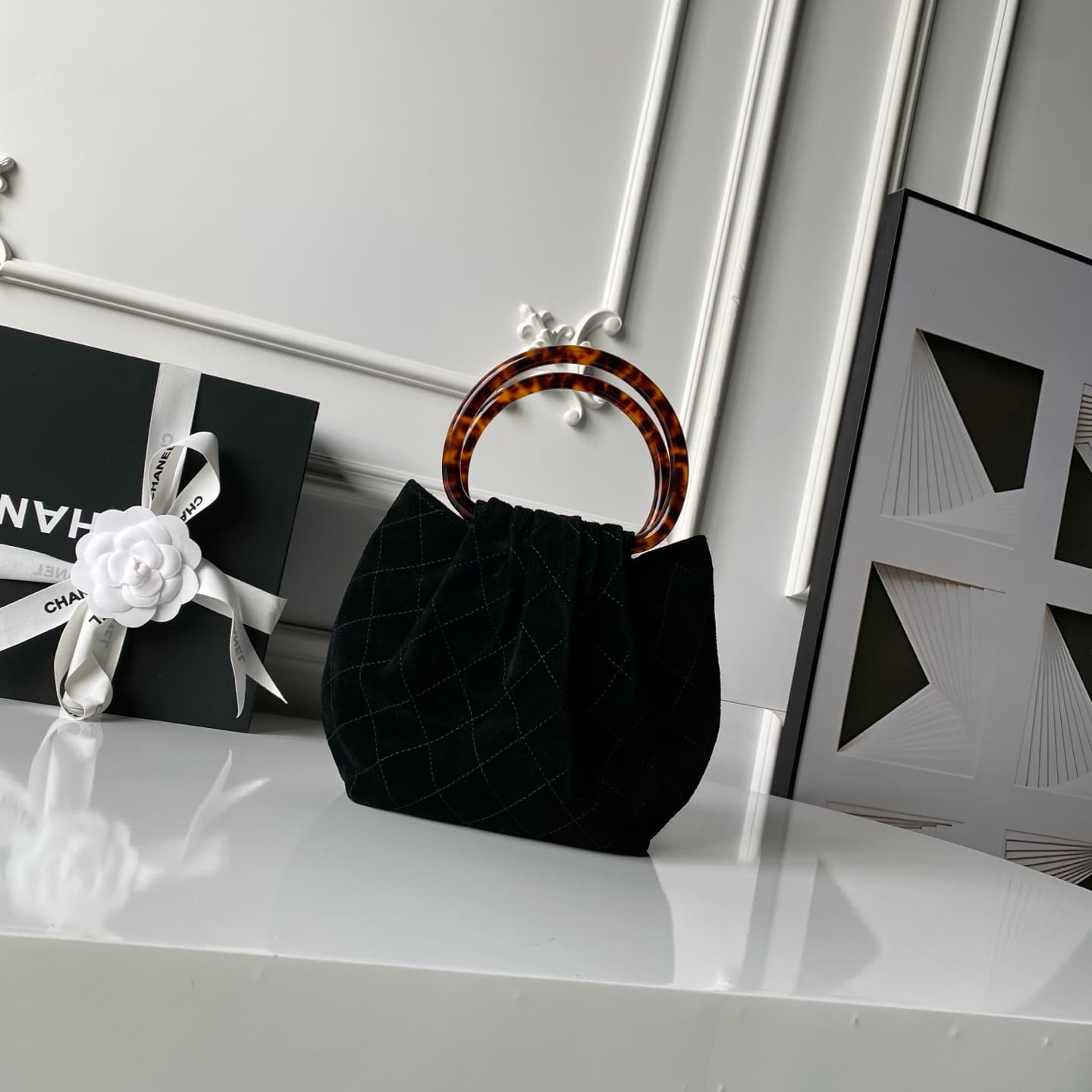 Chanel Small Hobo Bag Suede Calfskin Turtoise-Shell Effect Plexi & Gold-Tone Metal Black AS6022 High