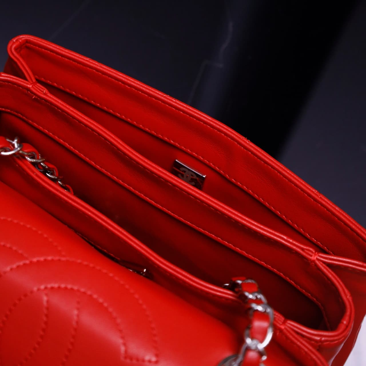 SMALL FLAP BAG WITH TOP HANDLE Lambskin Silver Metal Red A