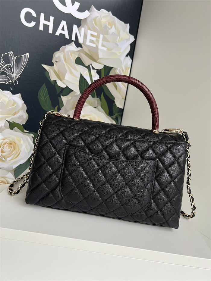 Medium FLAP BAG WITH TOP HANDLE Grained Calfskin Black-binding Gold Metal High