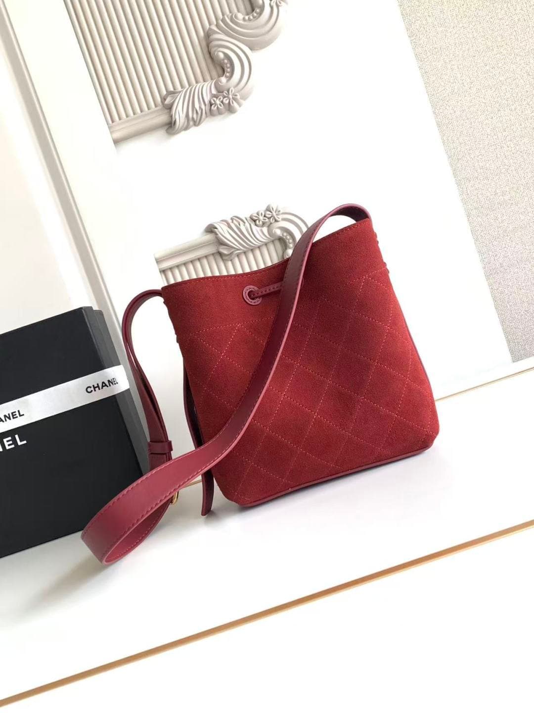 Chanel Small Bucket Bag Suede Calfskin & Gold-Tone Metal Burgundy AS6537 A