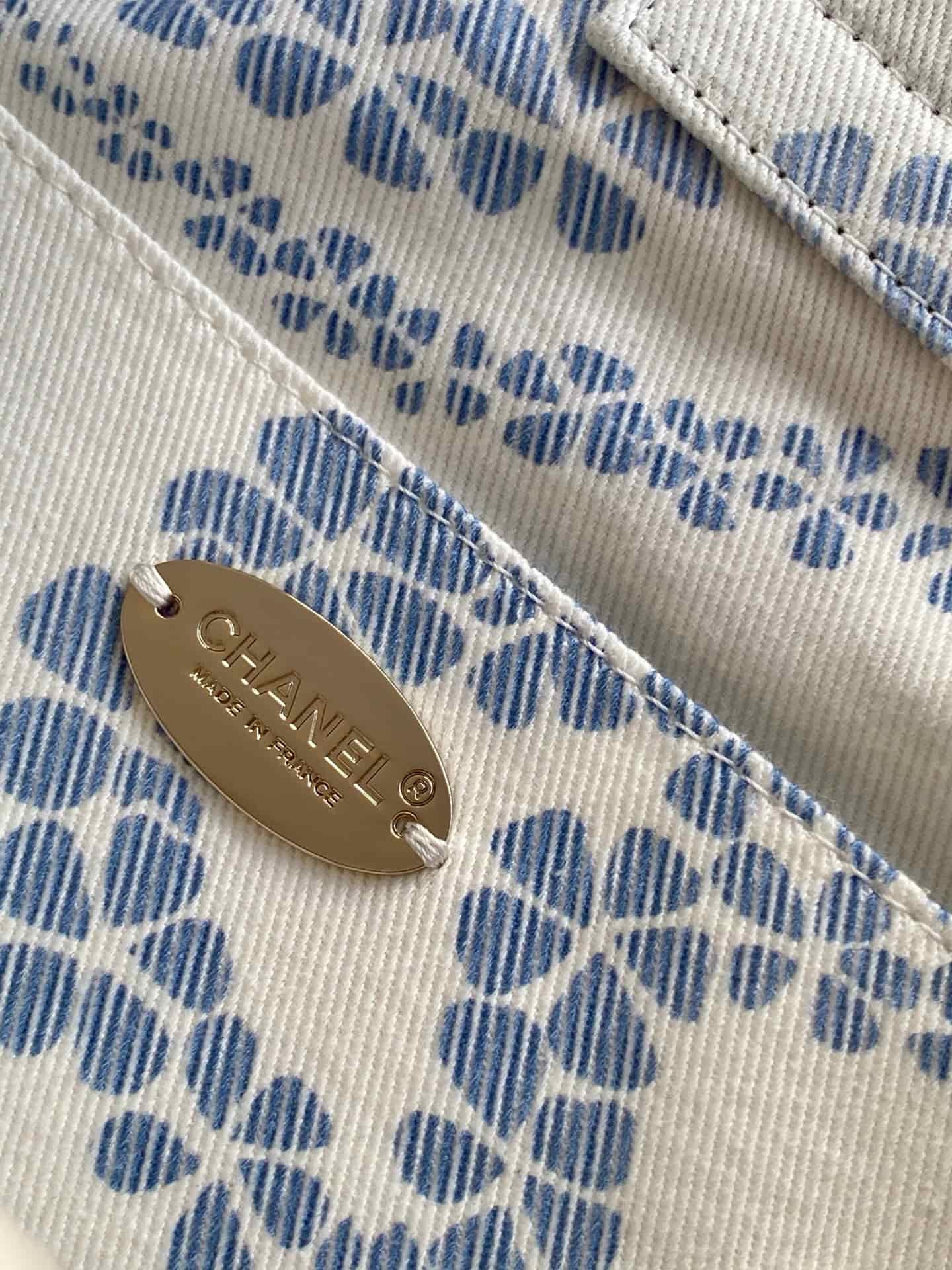 Chanel Beach Hobo Handbag Printed Cotton & Gold-Tone Metal AS5429 White and Blue A