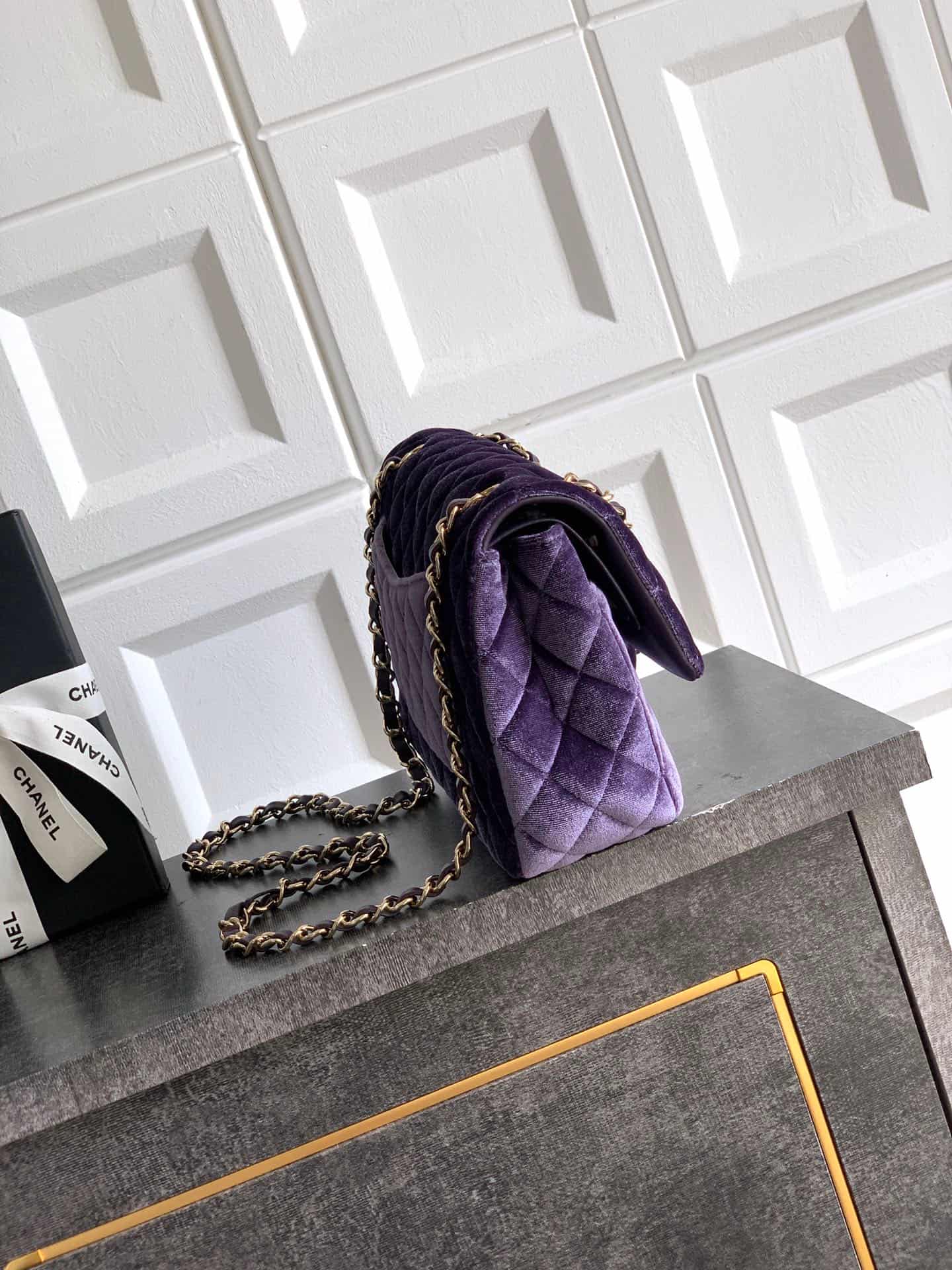 Chanel Medium CLASSIC HANDBAG Velvet  & Gold-Tone Metal Purple A