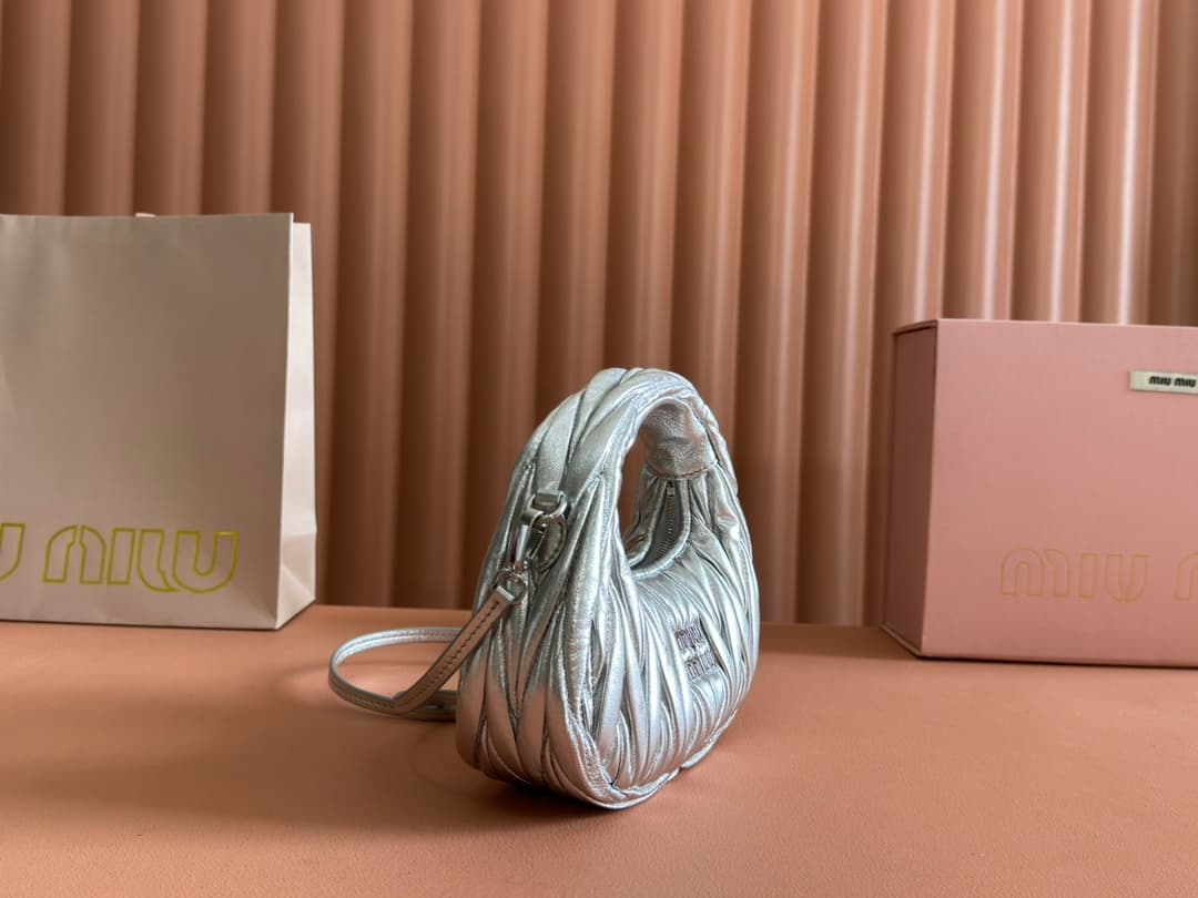 Miu Miu Silver Wander Matelassé Nappa Leather Hobo Mini-bag 5BP078 High