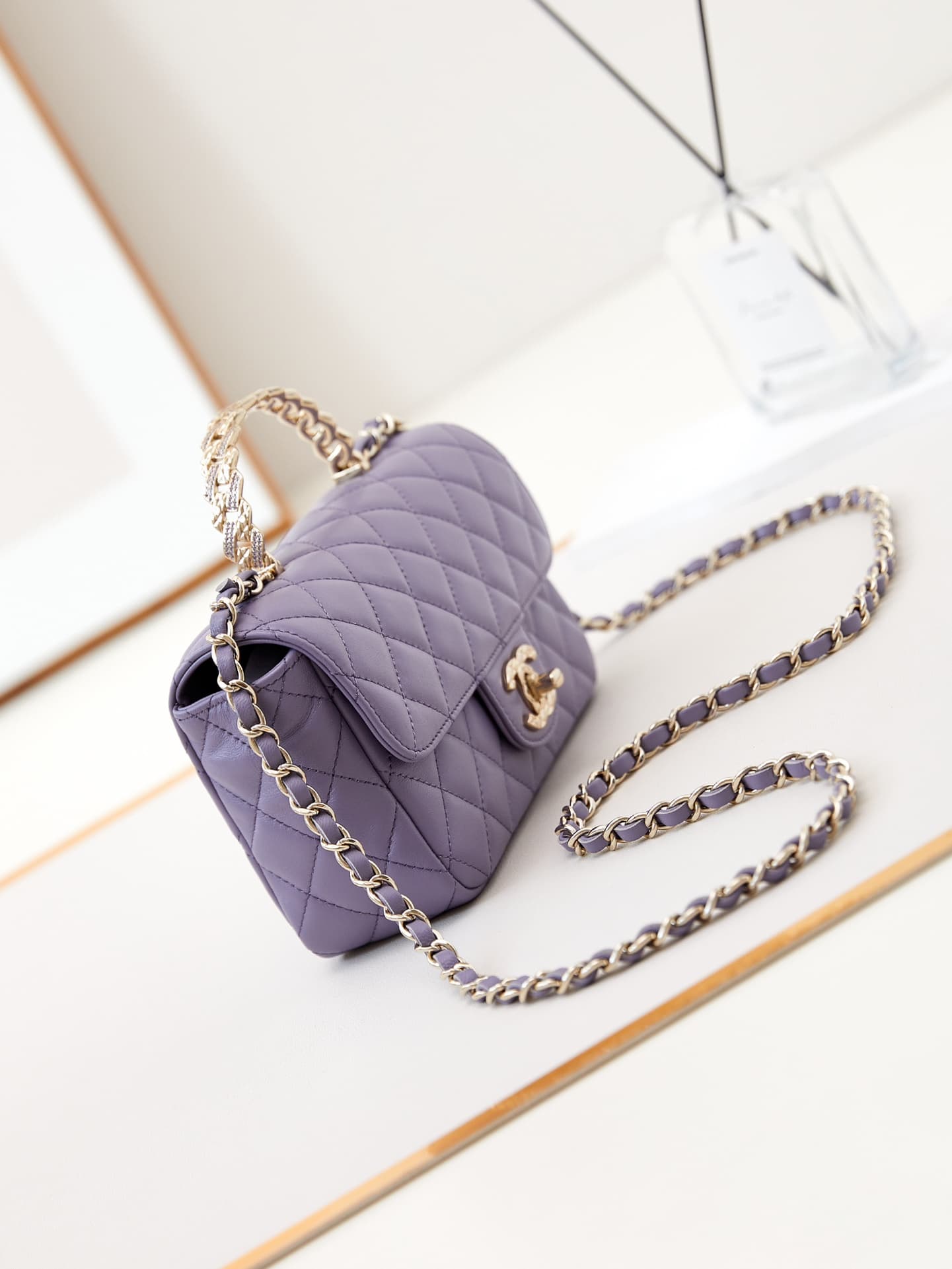 Chanel Mini Flap Bag with Top Handle Lambskin& Gold-Tone Metal Purple AS4924 A