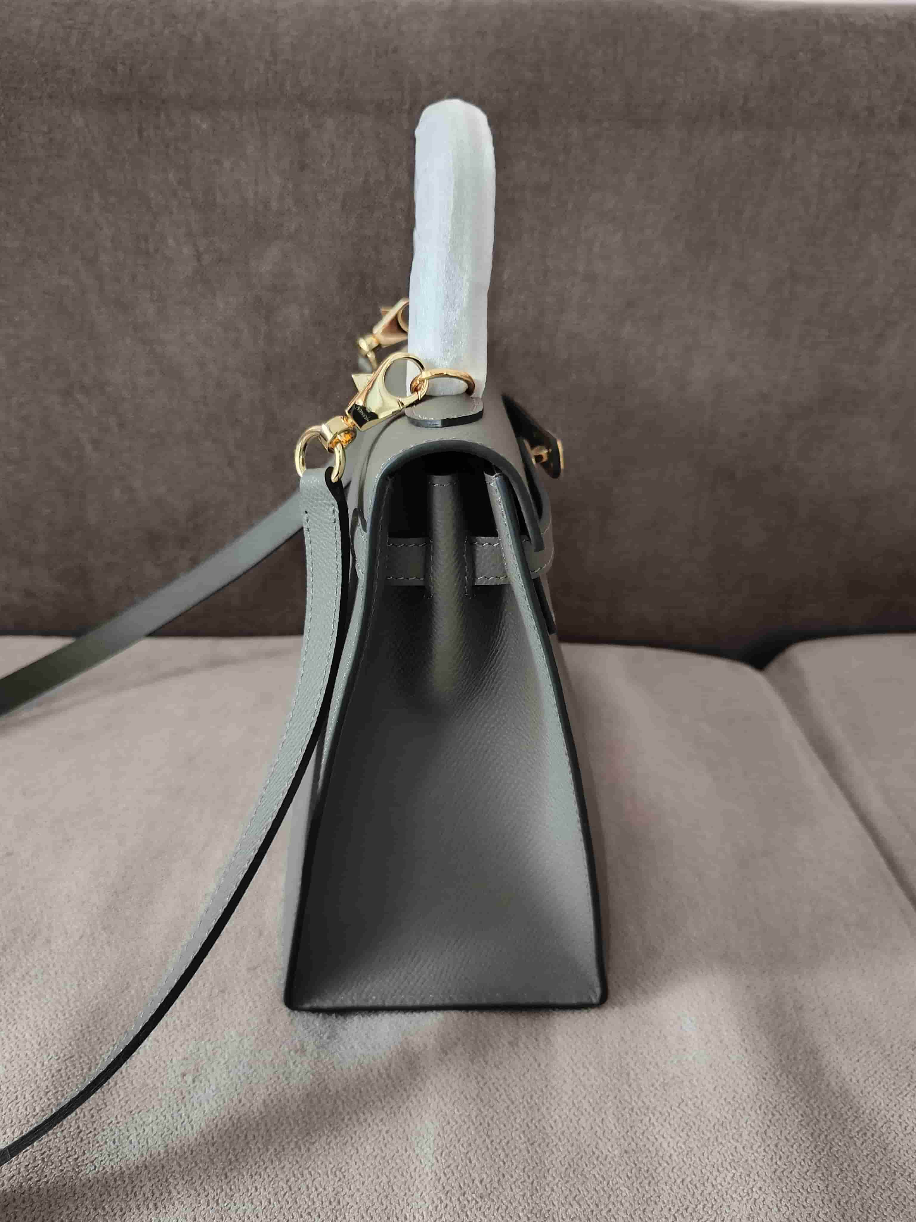 Hermes Kelly 25/28cm Sellier Bag Epsom Leather Silver/Gold Metal In Etain High