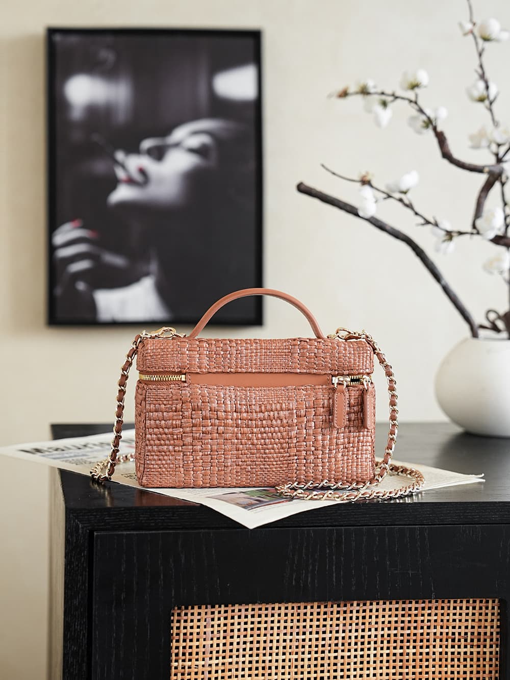 Chanel Classic Vanity with Chain Braided Raffia & Gold-Tone Metal Brown AP4385 A
