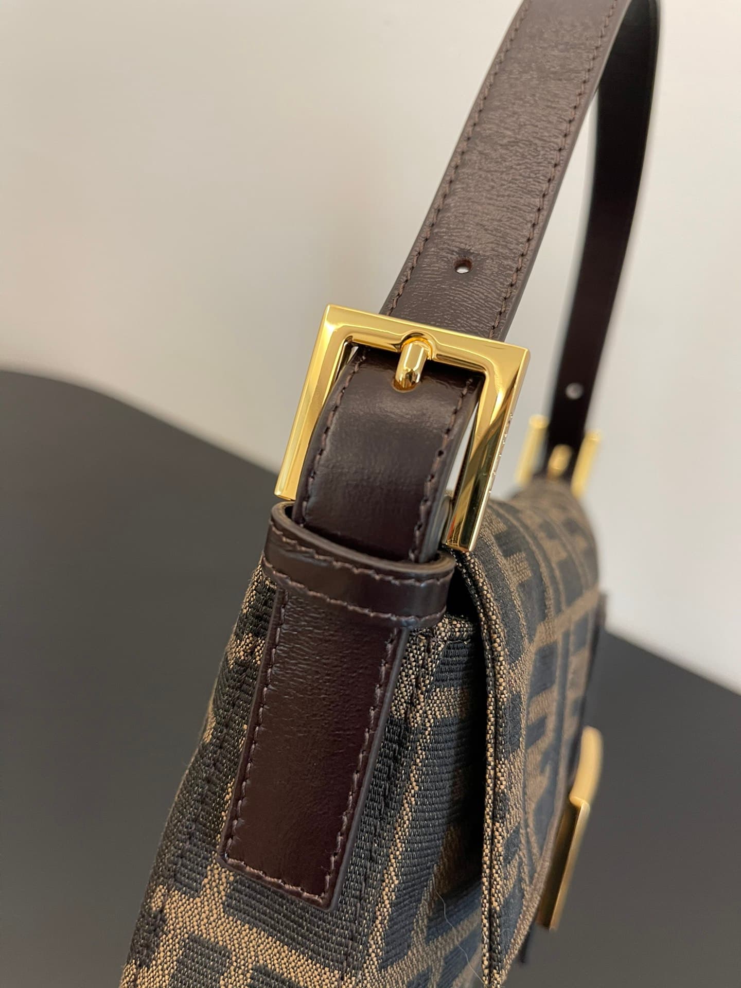 FENDI BAGUETTE fabric bag gold metal Brown High