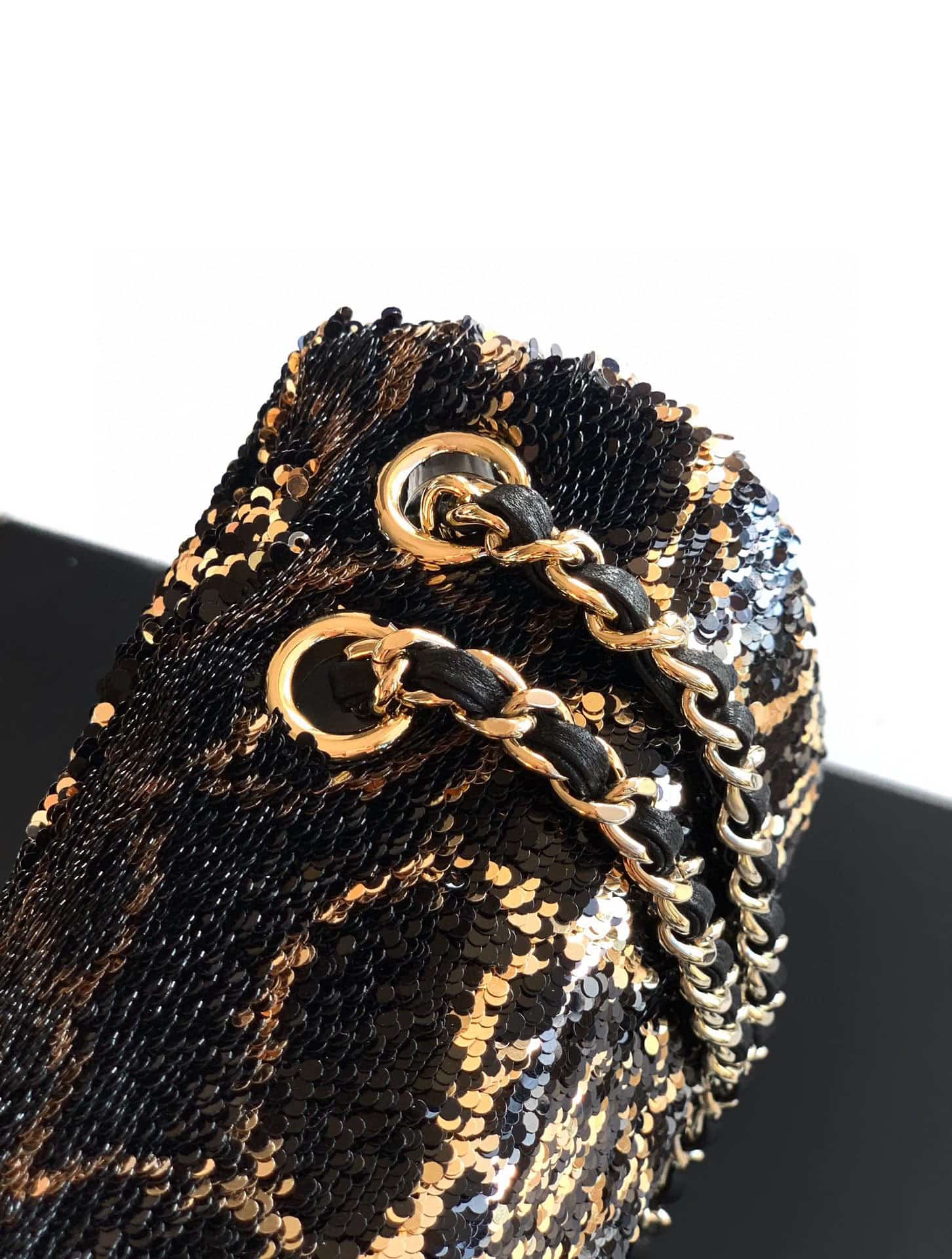Chanel Classic Mini Flap Bag Sequins With Camellia Motif  & Gold-Tone Metal Black 6171 A
