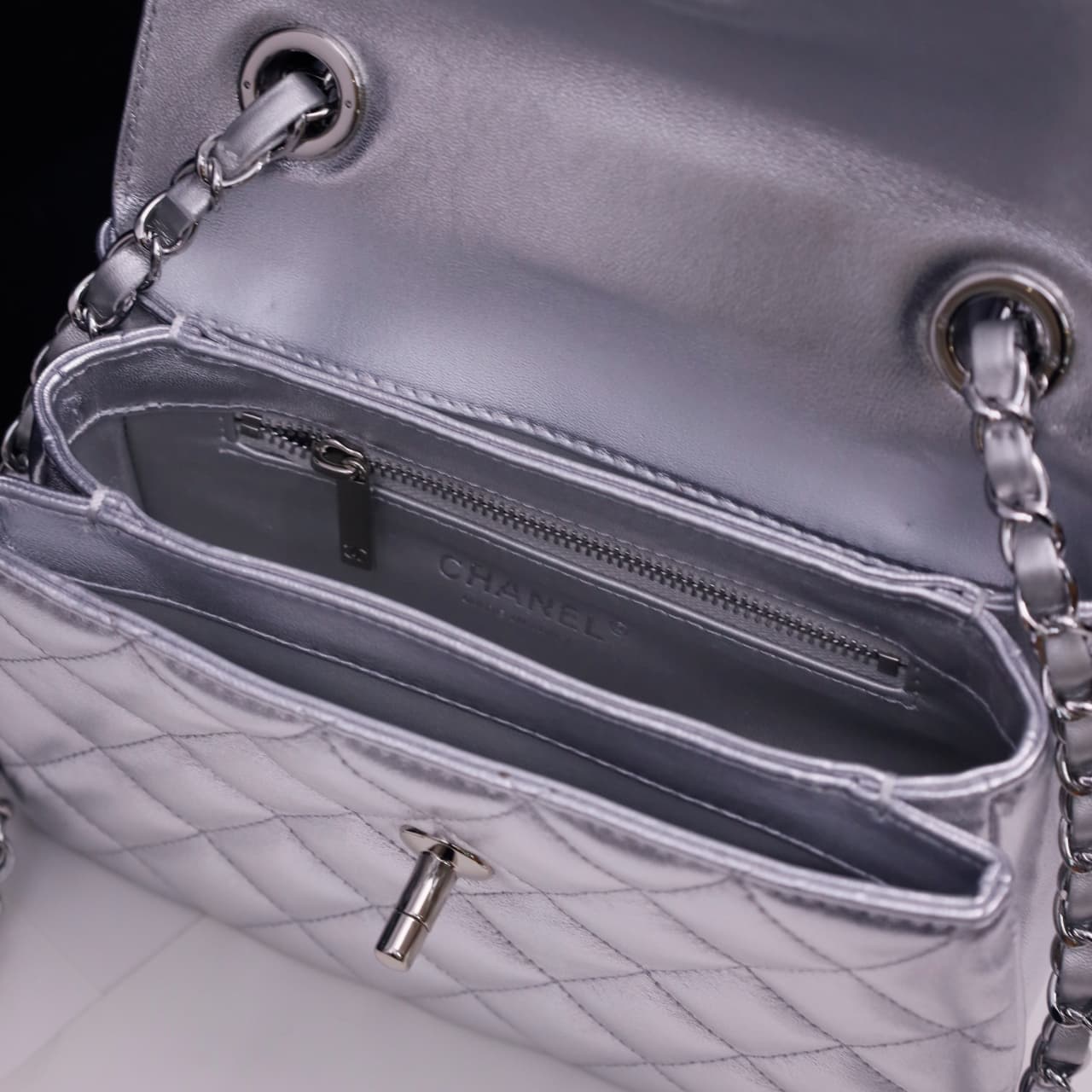 Chanel MINI FLAP BAG WITH TOP HANDLE AS4654 Lambskin & Silver-Tone Metal Silver A