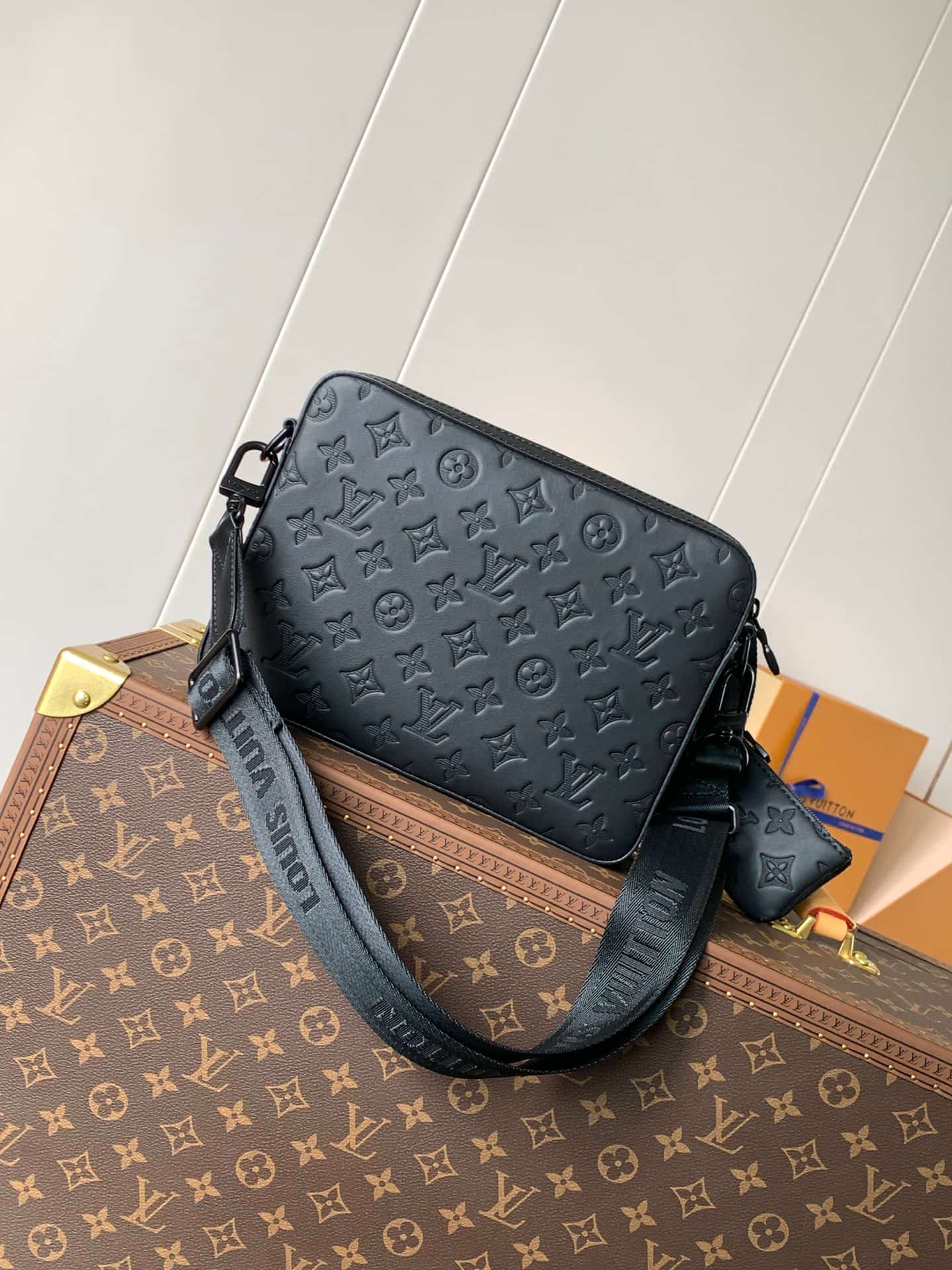 Louis Vuitton Duo Messenger Black Monogram Shadow Embossed Calf Leather M69827 High