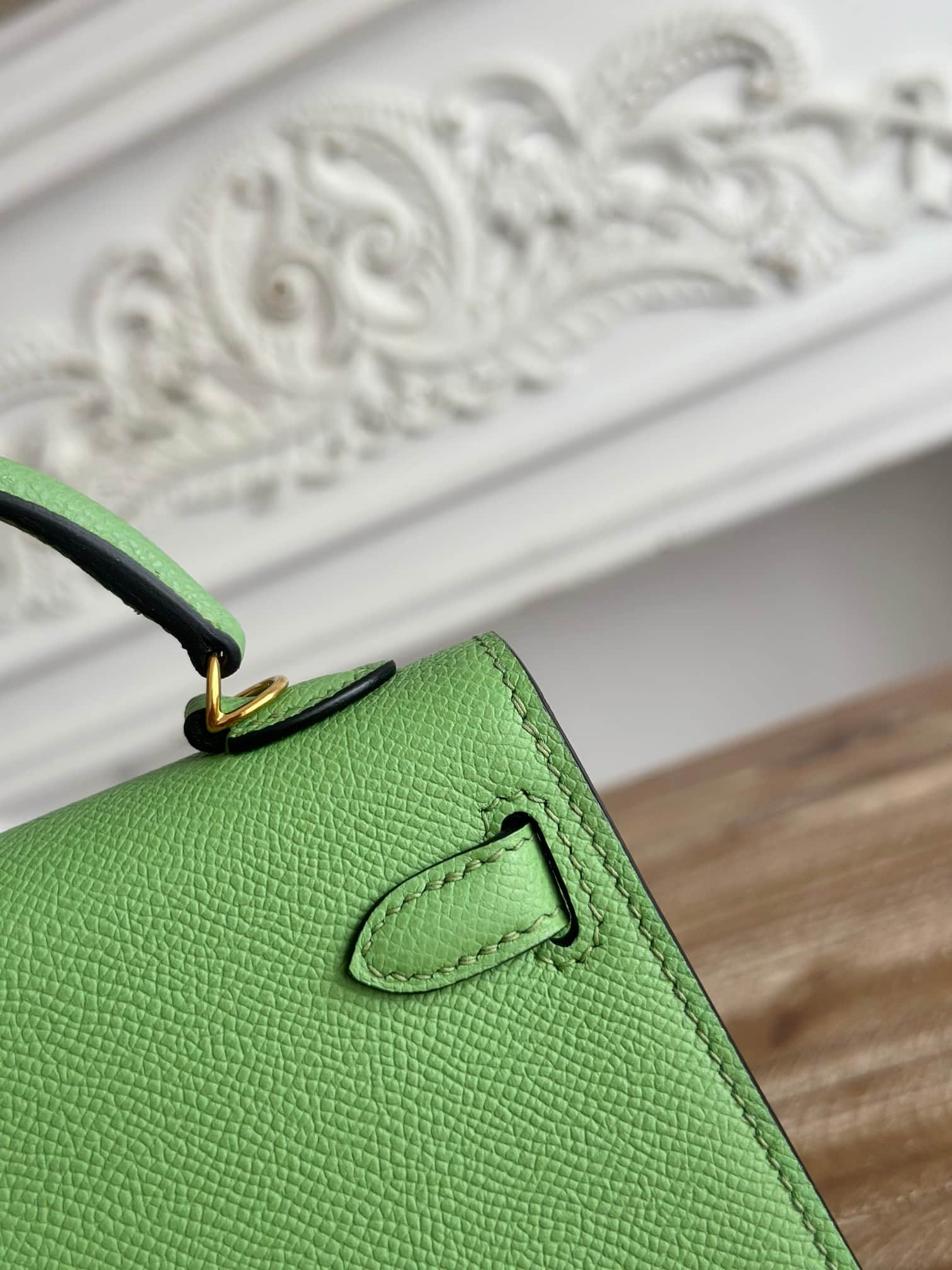 Hermes Kelly Mini II Bag Epsom Leather WAX Silver/Gold Metal Vert Criquet High