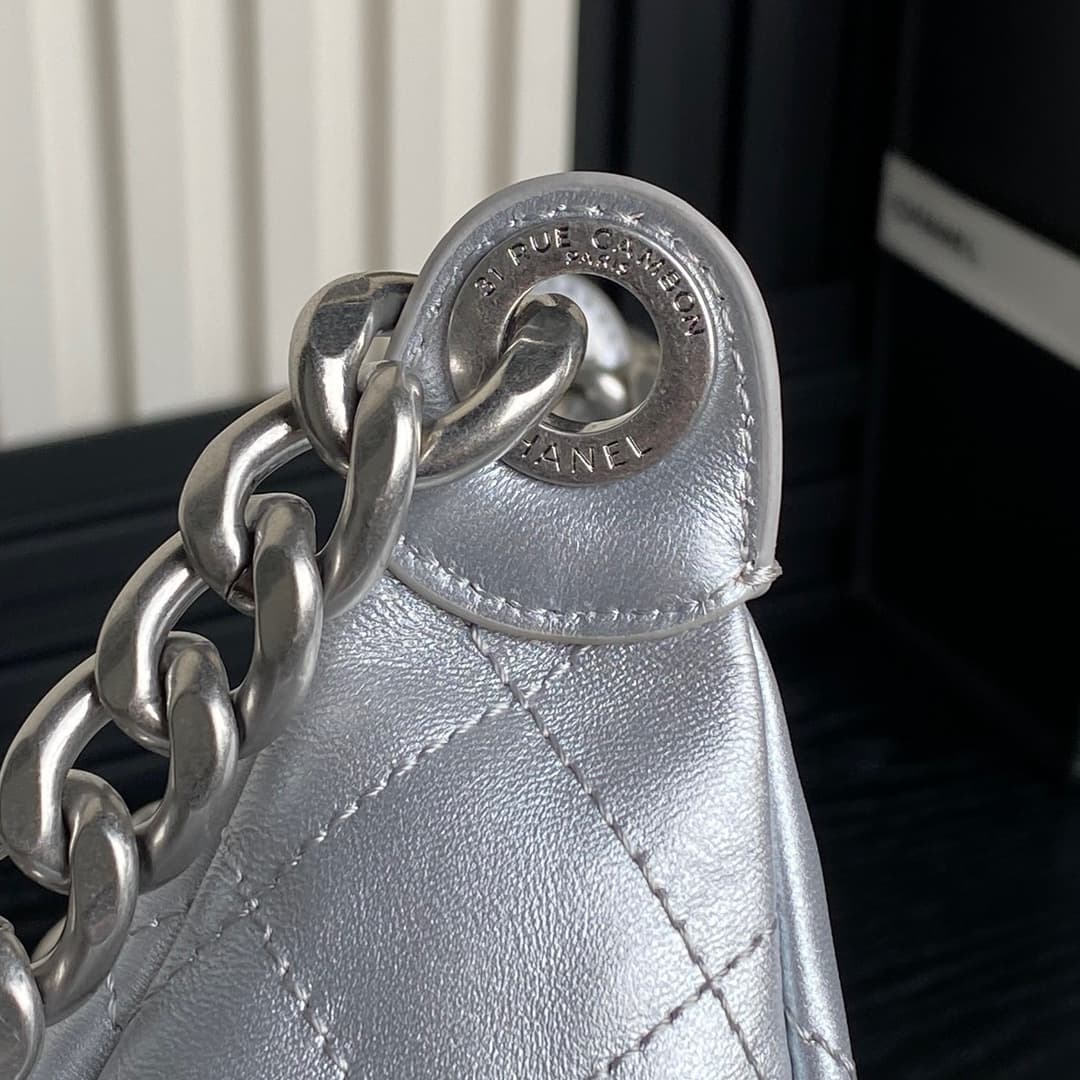 Chanel Trendy Pockets Hobo Bag Lambskin & Silver Metal Silver AS5339 A