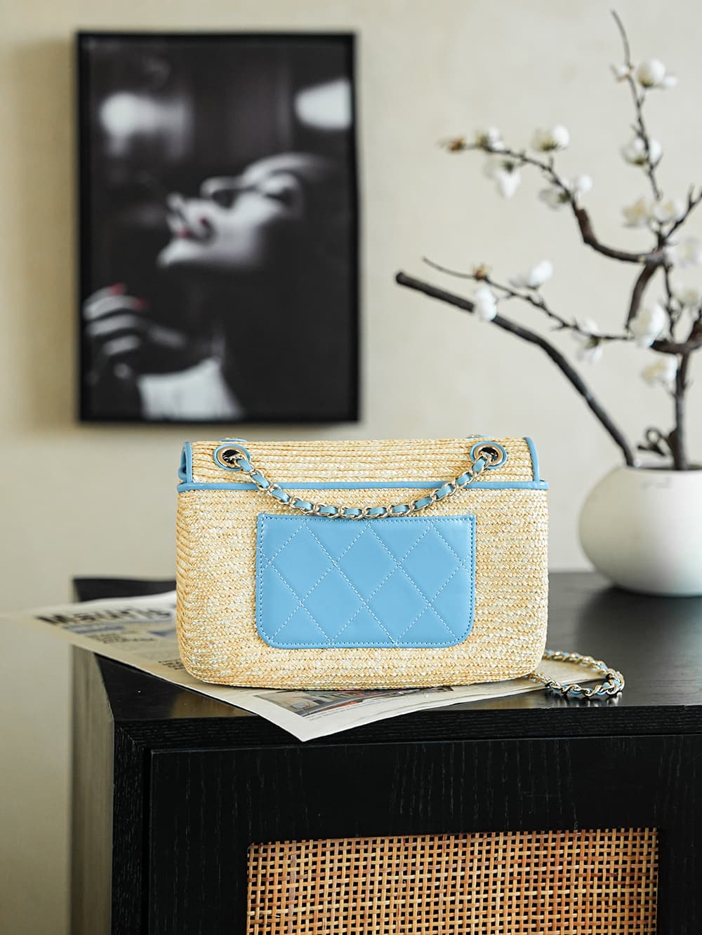 Chanel Coco Beach Small Flap Bag Braided Straw Lambskin & Gold-tone Metal AS6017 A