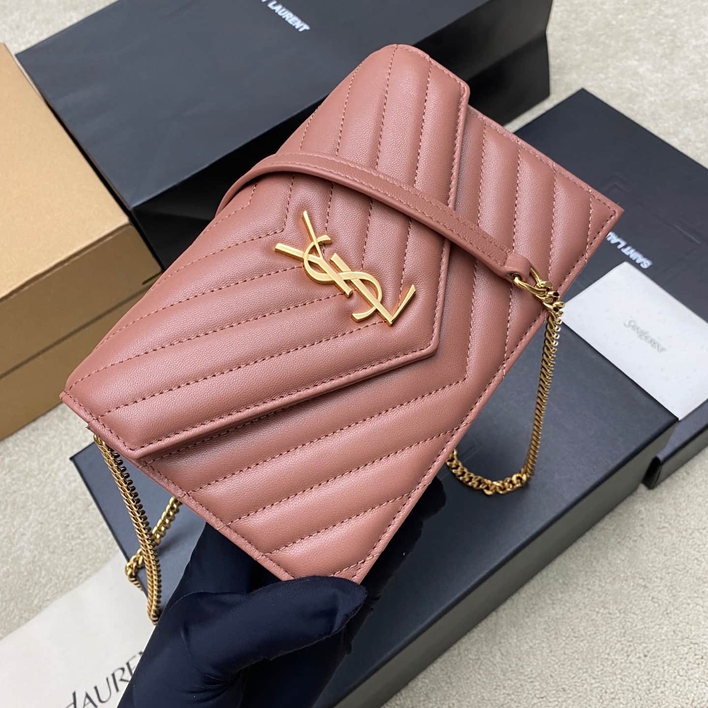 Saint Laurent Monogram Matelassé Cassandre Wallet on Chain Ice Plum Pink Lambskin 393953 High