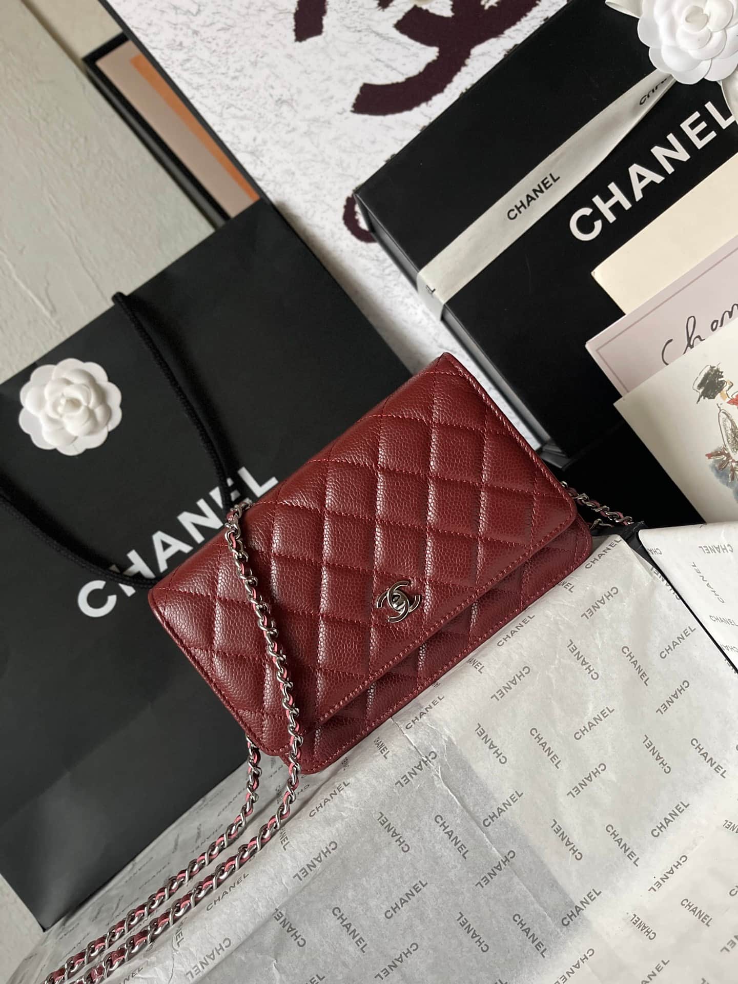 Chanel Classic Wallet on Chain Grained Shiny Calfskin & Silver-Tone Metal AP4241 Dark Brown A