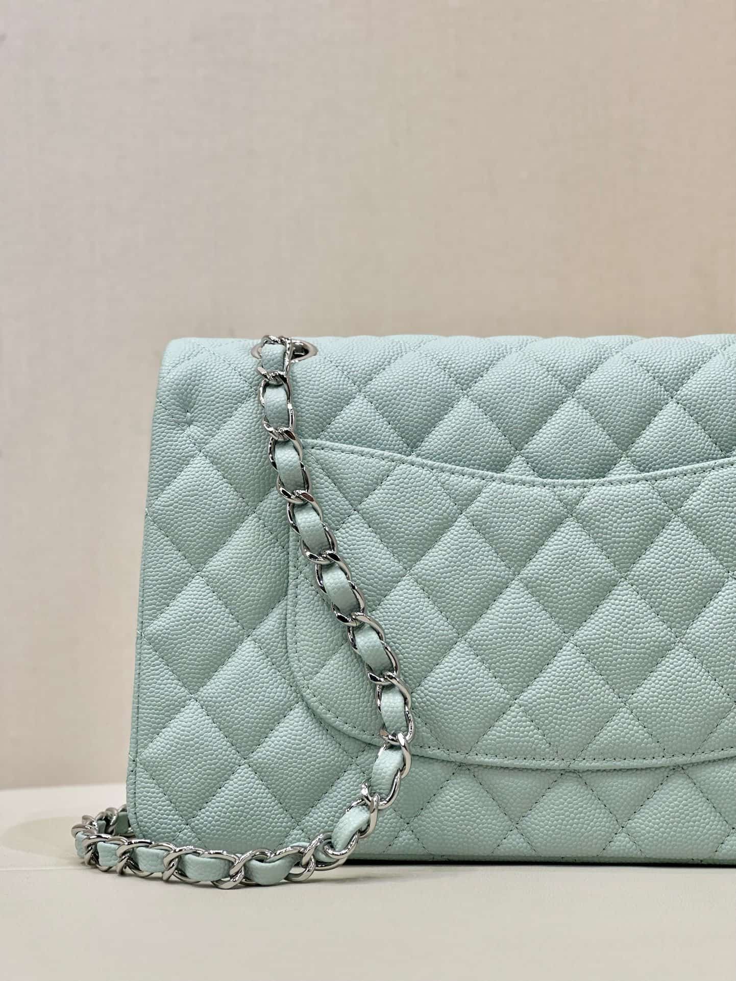 Chanel Medium CLASSIC HANDBAG Grained  Calfskin & Silver-Tone Metal Light Blue TOP