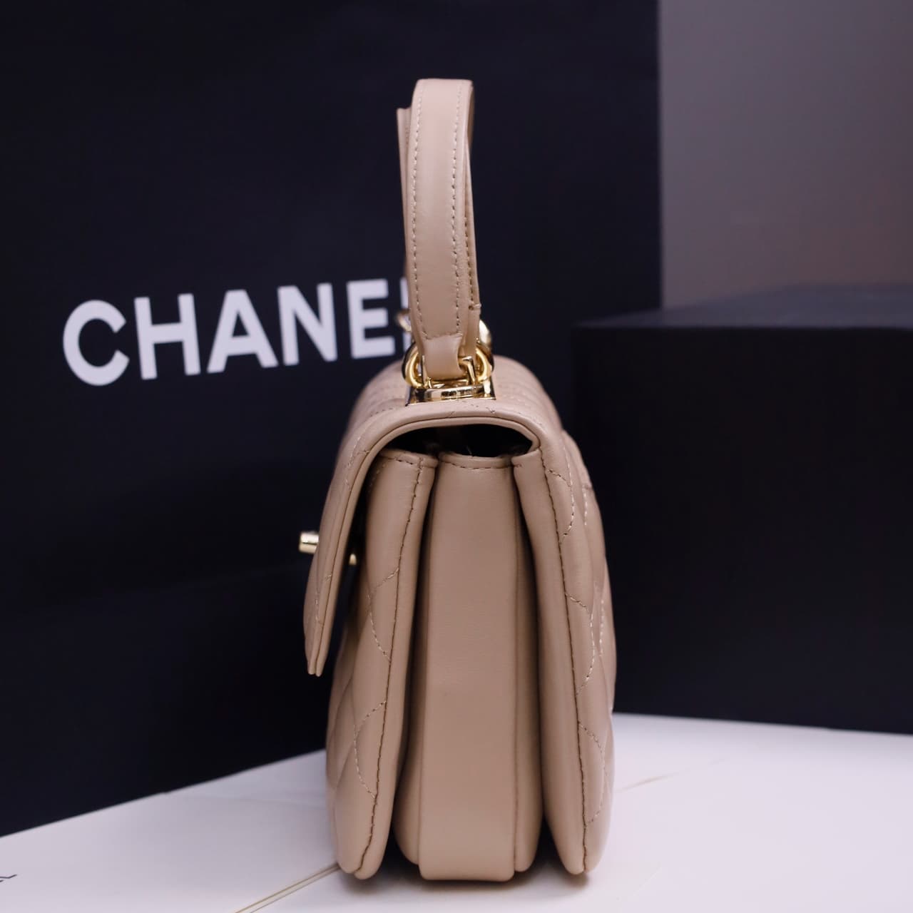 Chanel MINI FLAP BAG WITH TOP HANDLE AS4654 Lambskin &Gold-Tone Metal Beige A