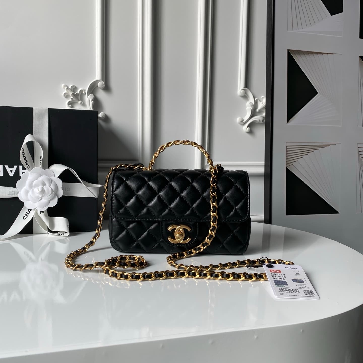 Chanel Mini Flap Bag with Top Handle Lambskin& Gold-tone Metal Black AS5813 A