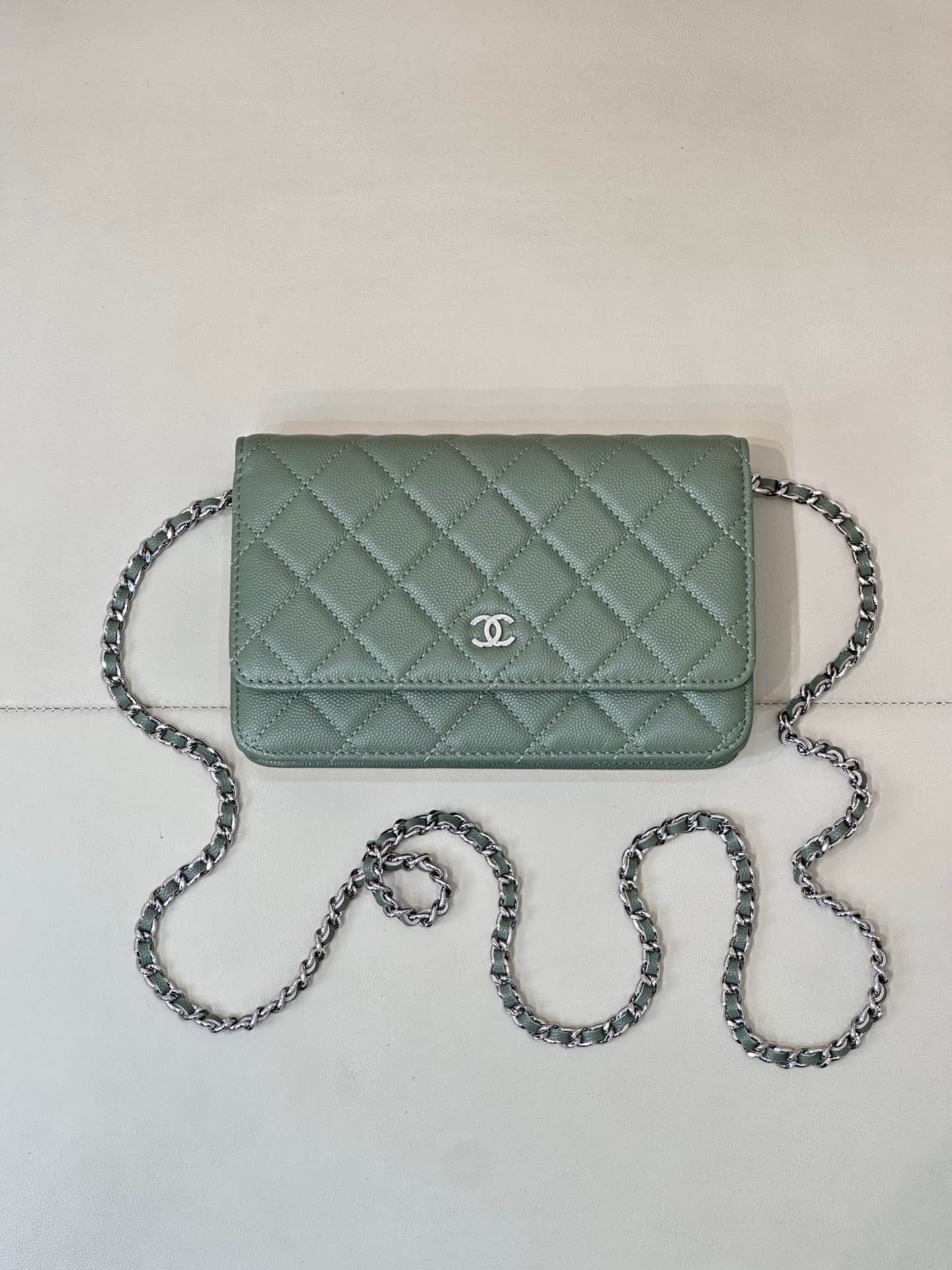 Chanel Wallet on Chain Grained Calfskin& Sliver-tone Metal AP0250 Green TOP
