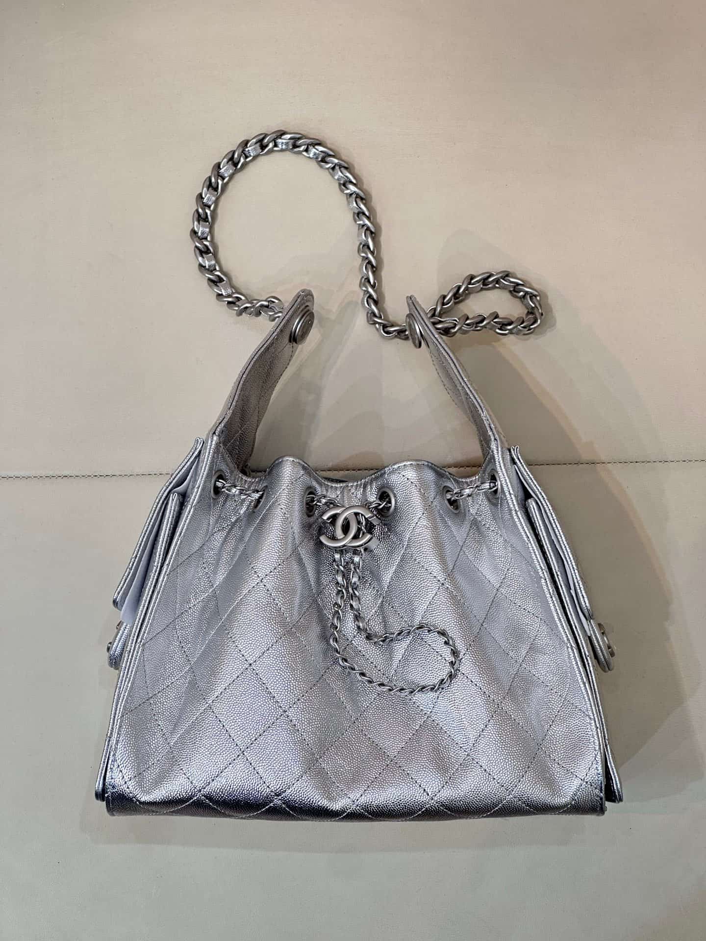Chanel 25 Small Hobo handbag AS5293 Grained Calfskin & Silver-tone Metal Silver TOP