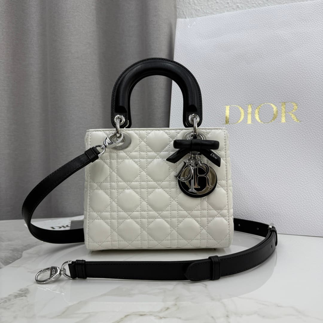 Dior Small Lady Dior Bag Lambskin Cannage In White With Leather Bow High