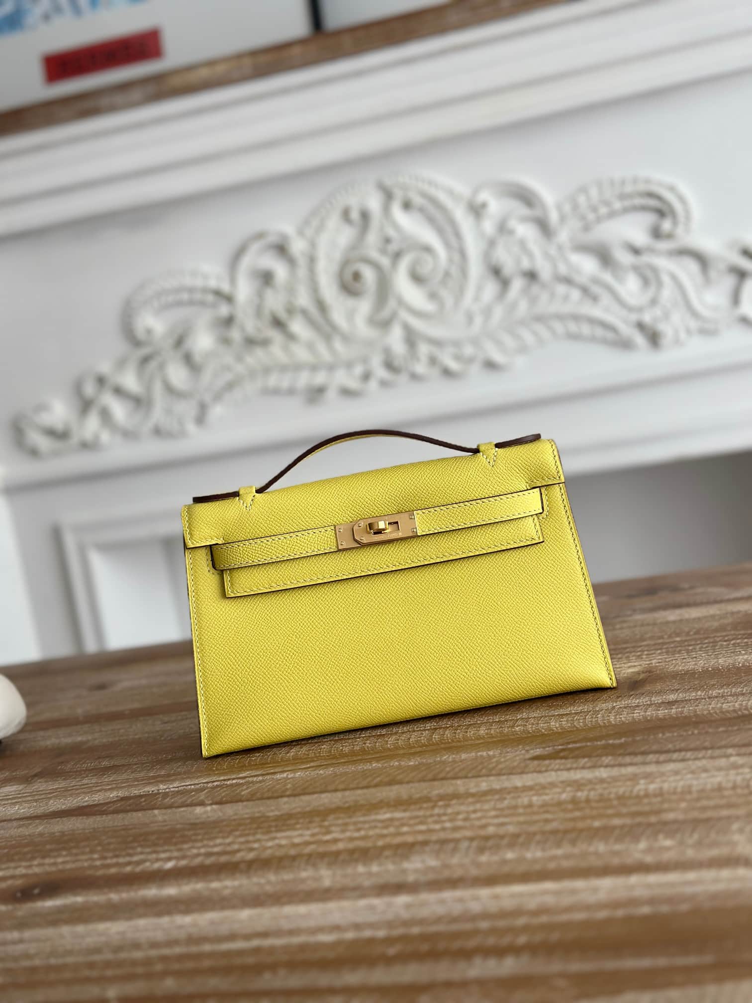 Hermes Kelly Pochette Bag Epsom Leather Silver/Gold Metal Lime WAX High
