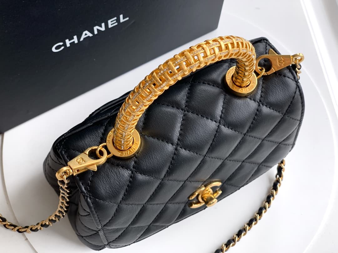 MINI FLAP BAG WITH TOP HANDLE AS2215 Calfskin, Strass & Gold-Tone Metal Black A