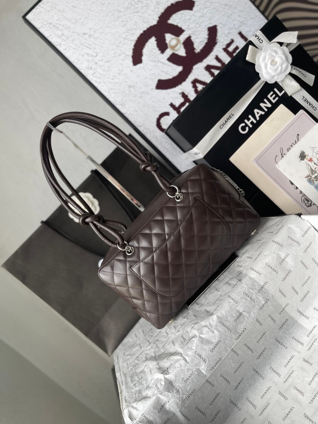 Chanel Cambon Ligne Bowler bag Calfskin & Silver-Tone Metal AS25171 Dark Brown High