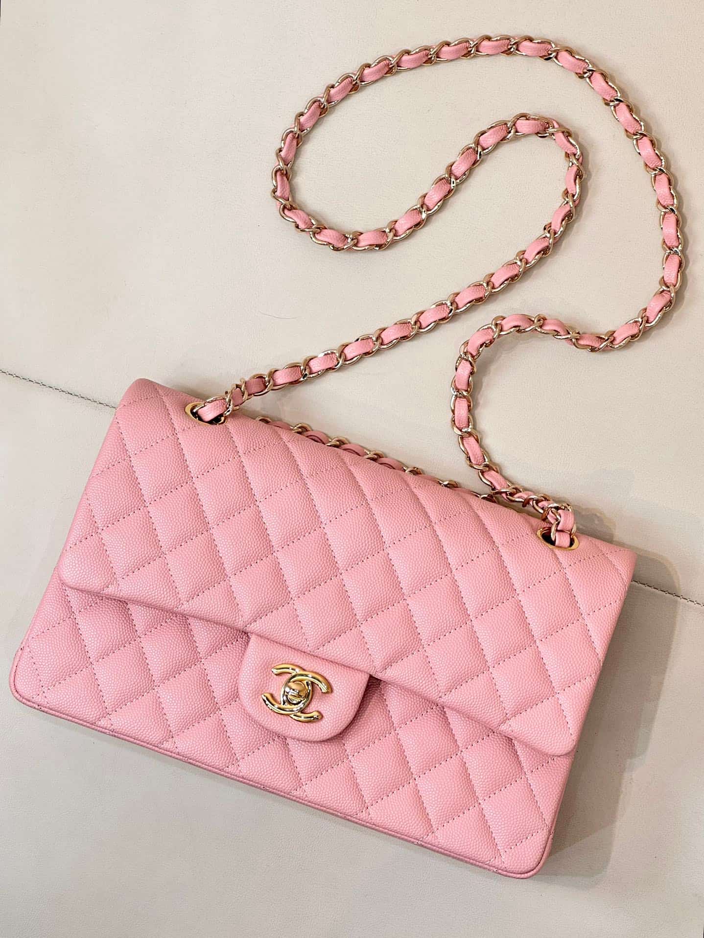 Chanel Medium CLASSIC HANDBAG Grained Calfskin Pink Gold Metal TOP