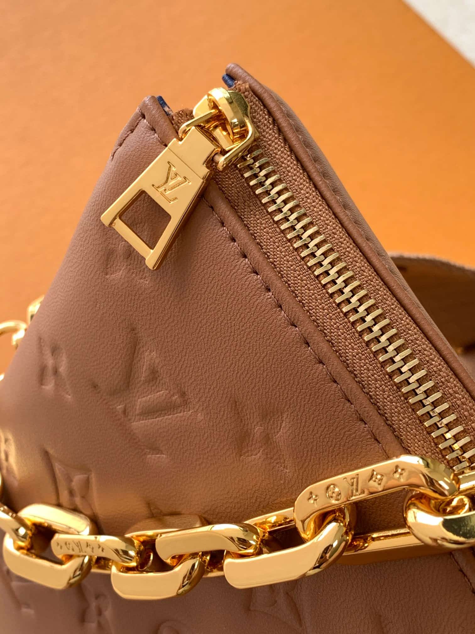 Louis Vuitton Coussin PM Camel Monogram-embossed puffy lambskin M21261 High