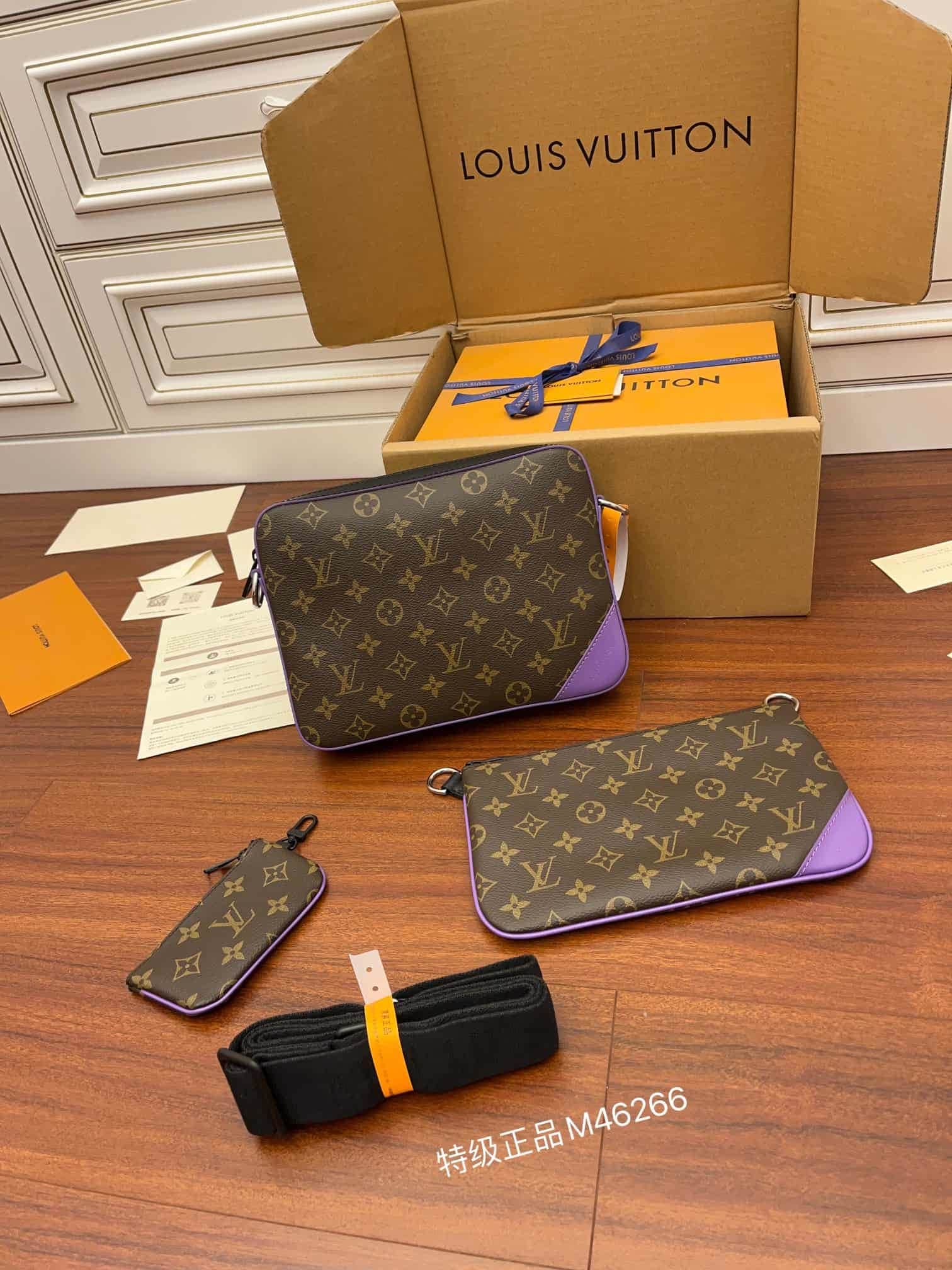 Louis Vuitton TRIO MESSENGER Monogram Macassar coated canvas and Purple cowhide leather M46266 TOP