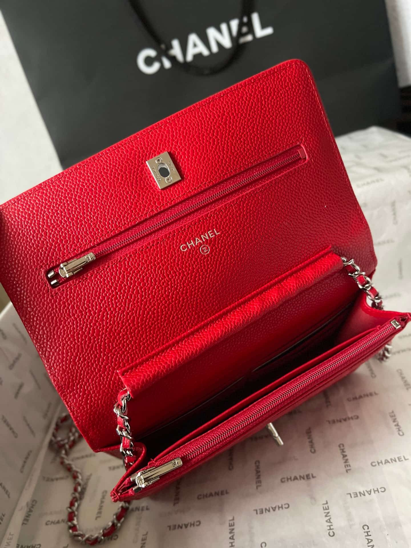 Chanel Classic Wallet on Chain Grained Shiny Calfskin & Silver-Tone Metal AP4241 Red A