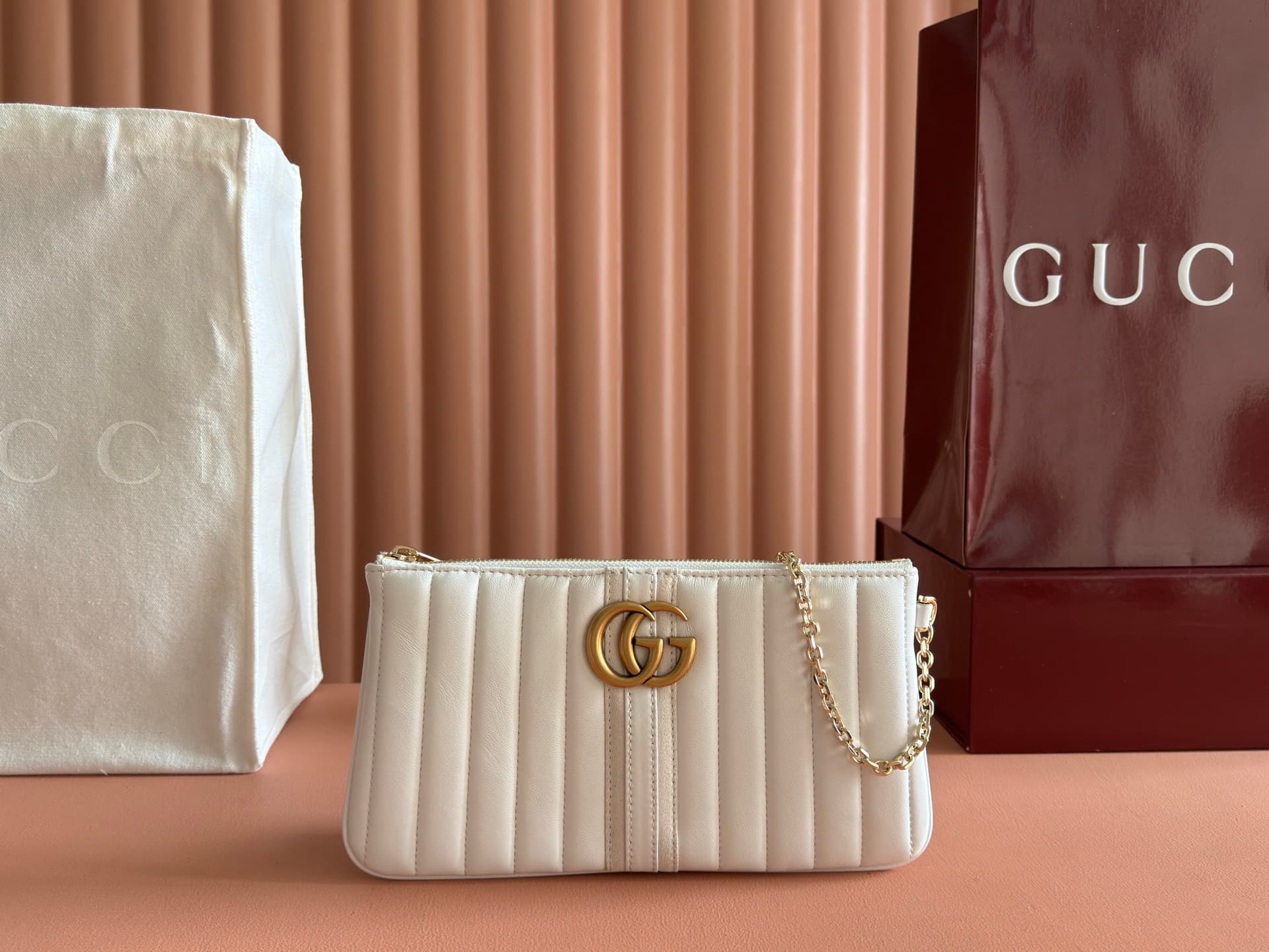 Gucci GG Marmont pouch with strap White vertical matelassé nappa leather A006X2 High