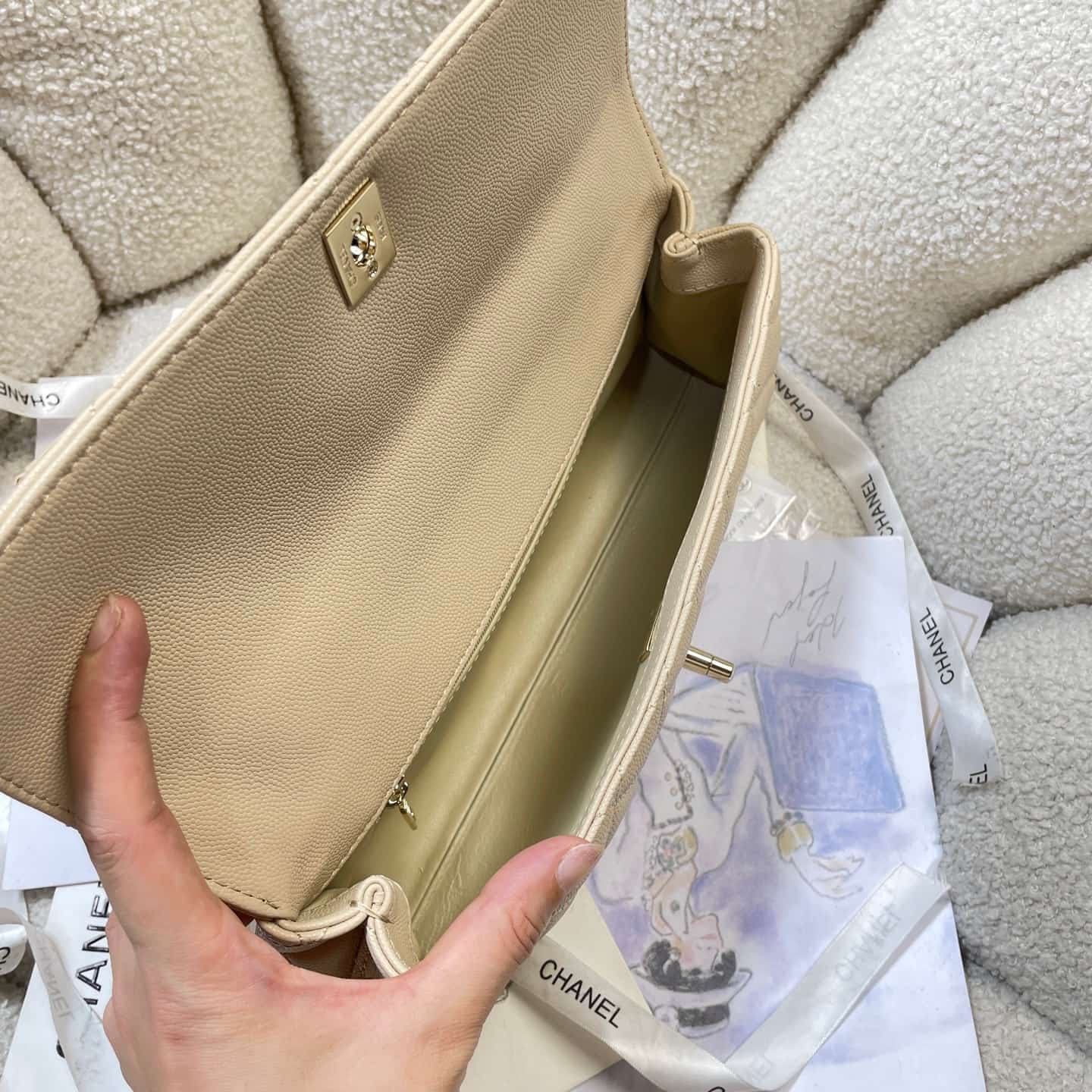 Chanel Maxi Flap Bag with Top Handle Grained Calfskin& Gold-Tone Metal AS6091 Beige A
