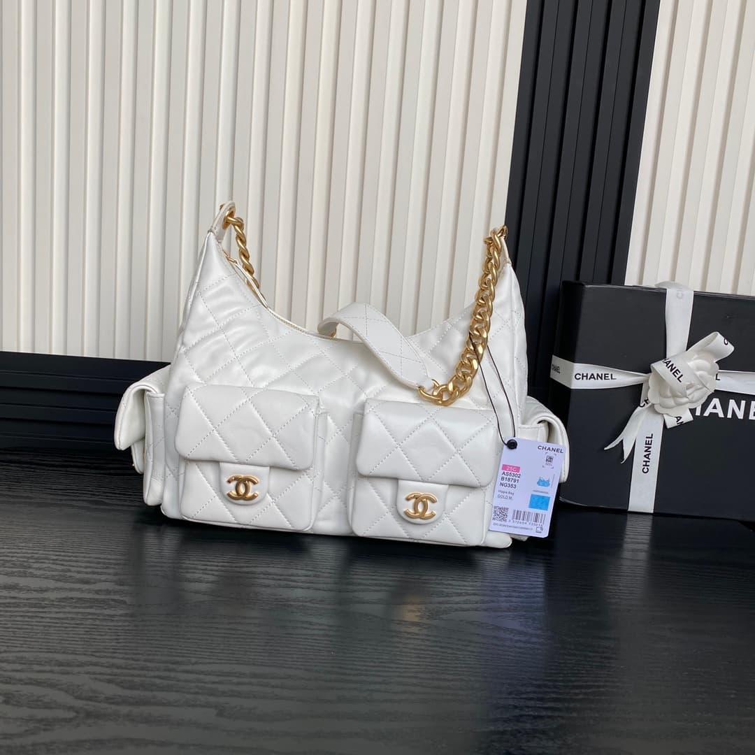 Chanel Trendy Pockets Hobo Bag Lambskin & Gold Metal White AS5302 A