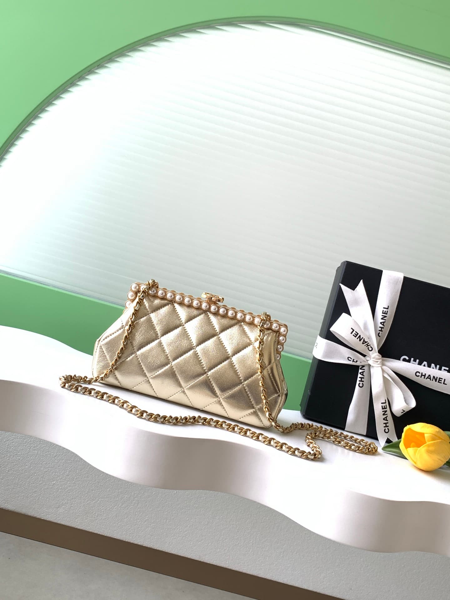 Chanel Pearly Lambskin Imitation Pearls & Gold-Tone Metal Champagne Gold AS5912 A