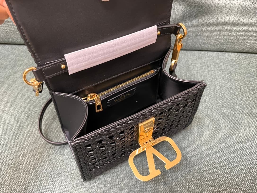 Valentino Garavani VSLING Mini Metallic Woven Top-Handle Bag Black High