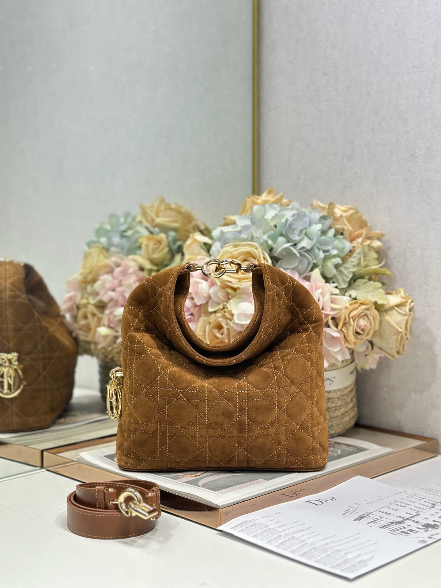 Dior Quilting Suede Handbag Brown High