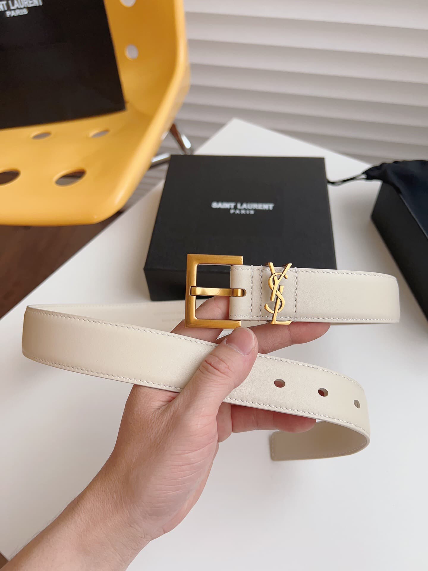 YSL CASSANDRE BELT WITH SQUARE BUCKLE IN SHINY BOX LEATHER High