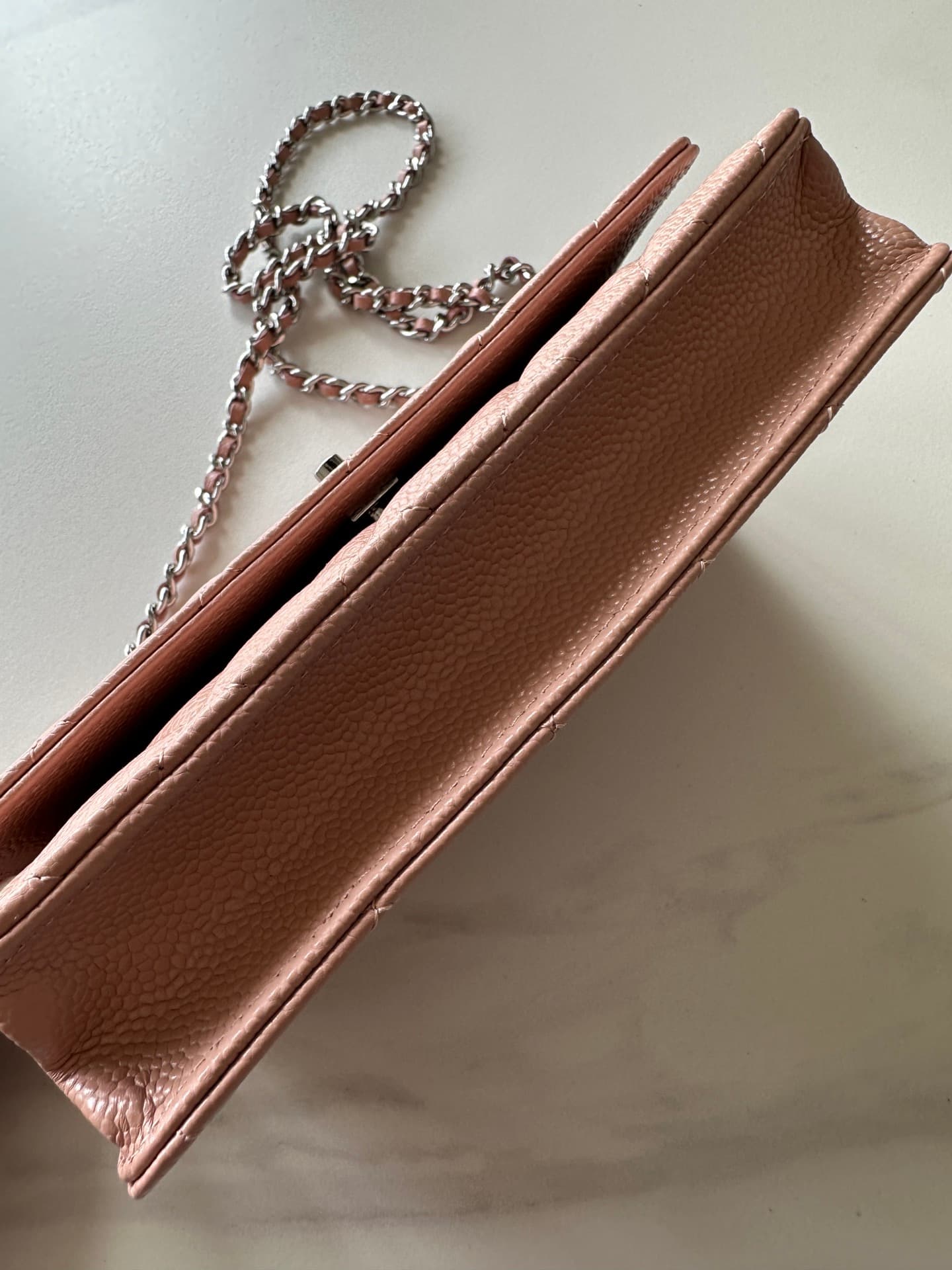 Chanel Classic Wallet on Chain Grained Shiny Calfskin & Silver-Tone Metal AP4241 Light Pink High