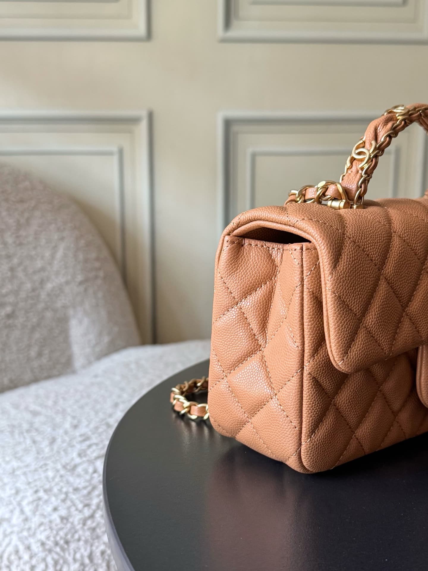 Chanel Mini Flap Bag with Top Handle Grained Shiny Calfskin & Gold-Tone Metal Caramel AS5701 TOP
